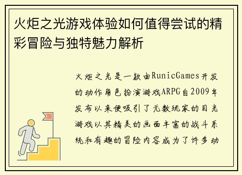 火炬之光游戏体验如何值得尝试的精彩冒险与独特魅力解析